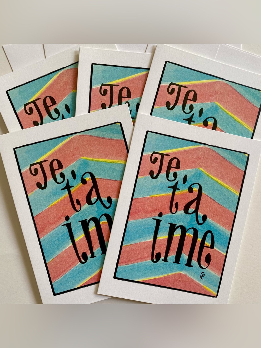 Je T'aime I Love You Cards, Set of 5 Blank Any Occasion Folded Greeting Cards